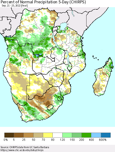 Southern Africa Percent of Normal Precipitation 5-Day (CHIRPS) Thematic Map For 9/21/2022 - 9/25/2022