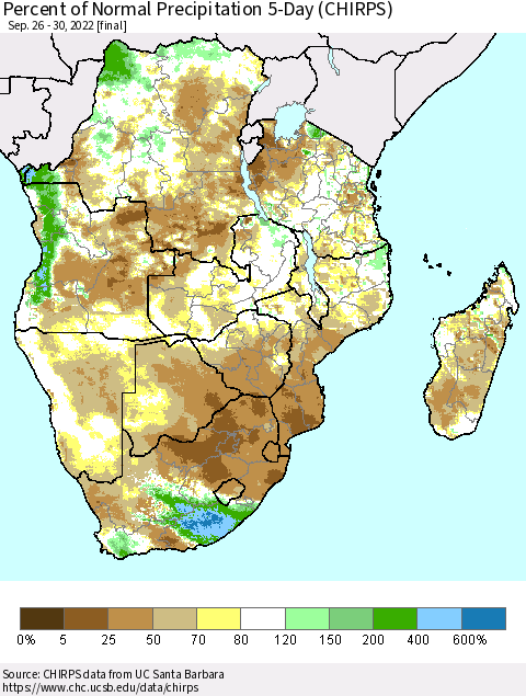 Southern Africa Percent of Normal Precipitation 5-Day (CHIRPS) Thematic Map For 9/26/2022 - 9/30/2022
