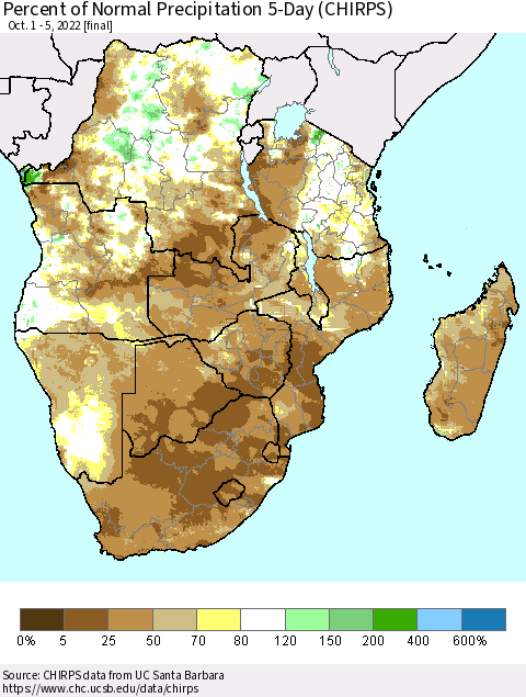 Southern Africa Percent of Normal Precipitation 5-Day (CHIRPS) Thematic Map For 10/1/2022 - 10/5/2022