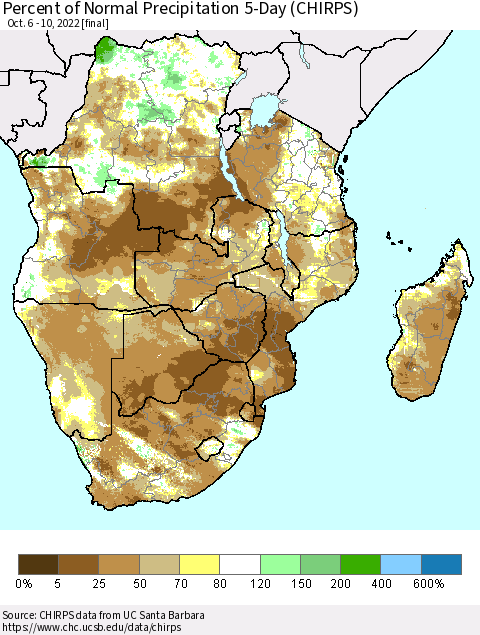 Southern Africa Percent of Normal Precipitation 5-Day (CHIRPS) Thematic Map For 10/6/2022 - 10/10/2022
