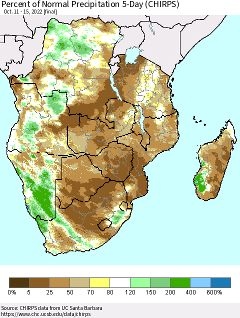Southern Africa Percent of Normal Precipitation 5-Day (CHIRPS) Thematic Map For 10/11/2022 - 10/15/2022