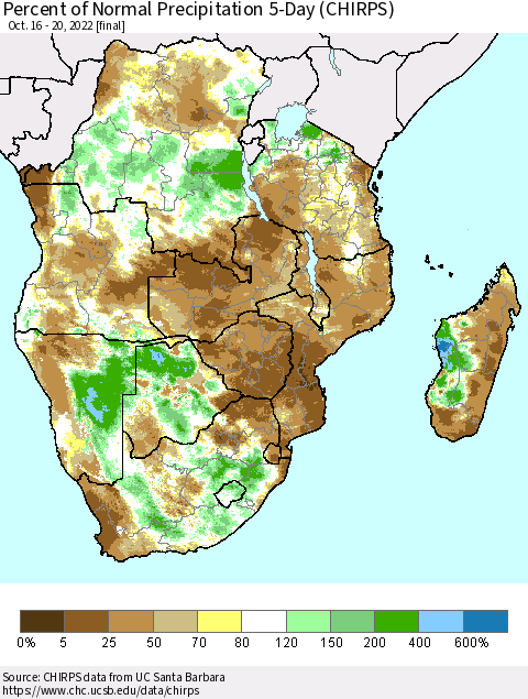 Southern Africa Percent of Normal Precipitation 5-Day (CHIRPS) Thematic Map For 10/16/2022 - 10/20/2022