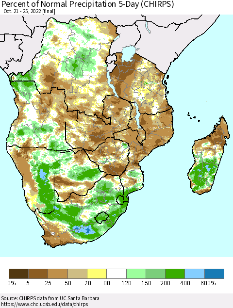 Southern Africa Percent of Normal Precipitation 5-Day (CHIRPS) Thematic Map For 10/21/2022 - 10/25/2022