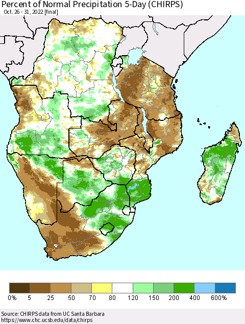 Southern Africa Percent of Normal Precipitation 5-Day (CHIRPS) Thematic Map For 10/26/2022 - 10/31/2022