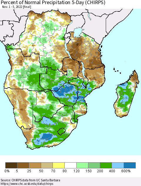 Southern Africa Percent of Normal Precipitation 5-Day (CHIRPS) Thematic Map For 11/1/2022 - 11/5/2022