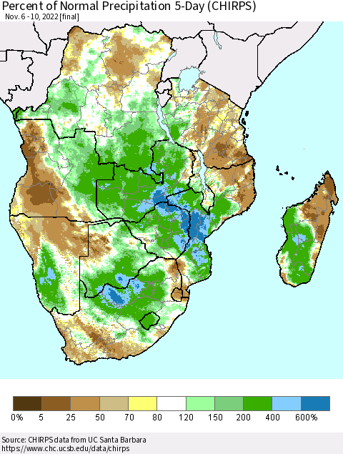 Southern Africa Percent of Normal Precipitation 5-Day (CHIRPS) Thematic Map For 11/6/2022 - 11/10/2022