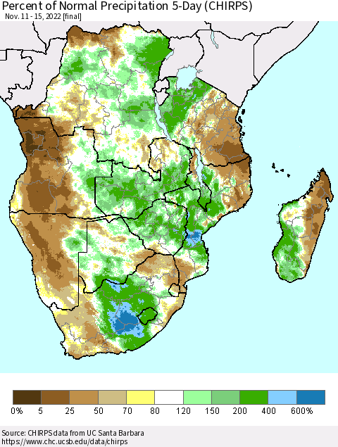 Southern Africa Percent of Normal Precipitation 5-Day (CHIRPS) Thematic Map For 11/11/2022 - 11/15/2022