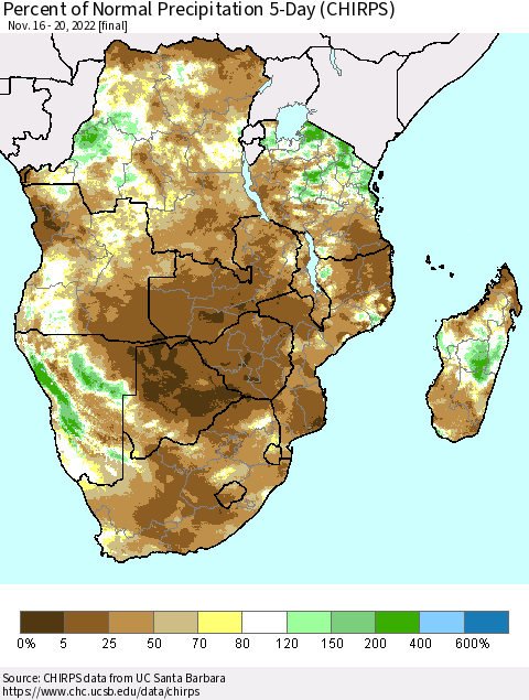 Southern Africa Percent of Normal Precipitation 5-Day (CHIRPS) Thematic Map For 11/16/2022 - 11/20/2022