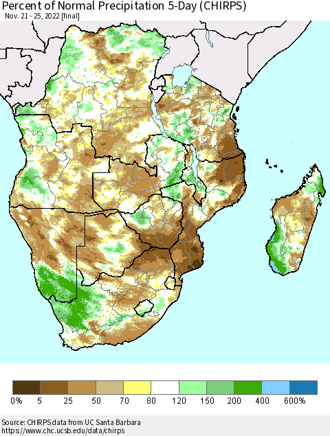Southern Africa Percent of Normal Precipitation 5-Day (CHIRPS) Thematic Map For 11/21/2022 - 11/25/2022