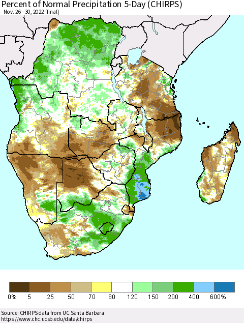 Southern Africa Percent of Normal Precipitation 5-Day (CHIRPS) Thematic Map For 11/26/2022 - 11/30/2022