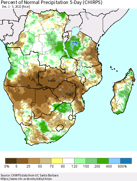 Southern Africa Percent of Normal Precipitation 5-Day (CHIRPS) Thematic Map For 12/1/2022 - 12/5/2022