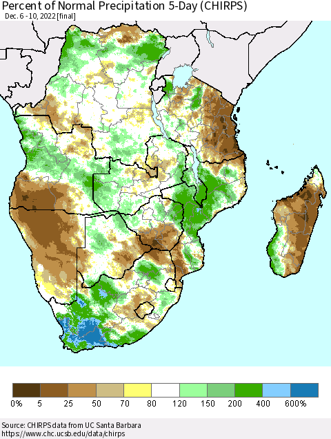 Southern Africa Percent of Normal Precipitation 5-Day (CHIRPS) Thematic Map For 12/6/2022 - 12/10/2022