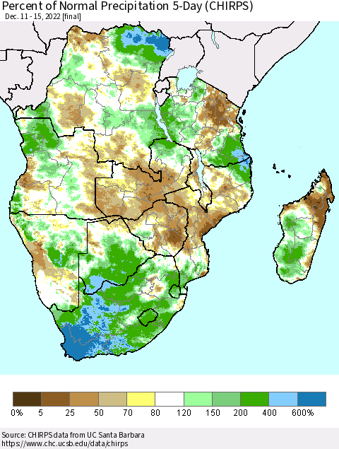 Southern Africa Percent of Normal Precipitation 5-Day (CHIRPS) Thematic Map For 12/11/2022 - 12/15/2022
