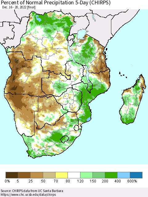Southern Africa Percent of Normal Precipitation 5-Day (CHIRPS) Thematic Map For 12/16/2022 - 12/20/2022
