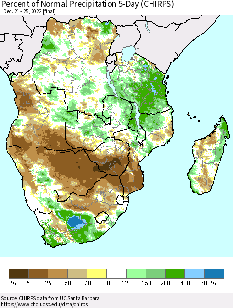Southern Africa Percent of Normal Precipitation 5-Day (CHIRPS) Thematic Map For 12/21/2022 - 12/25/2022