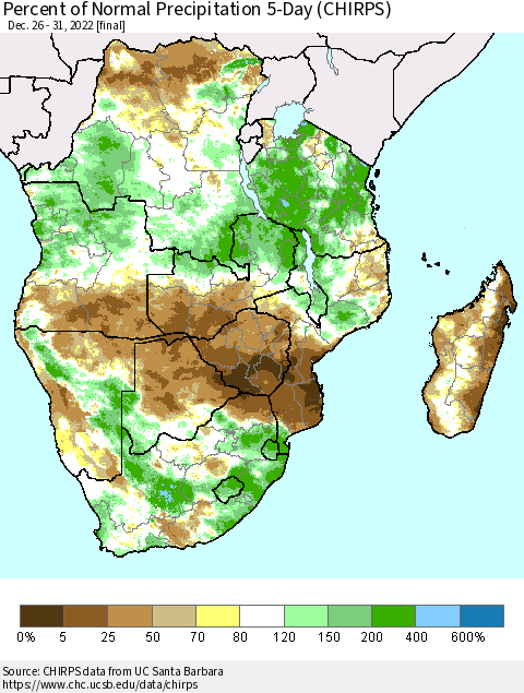 Southern Africa Percent of Normal Precipitation 5-Day (CHIRPS) Thematic Map For 12/26/2022 - 12/31/2022