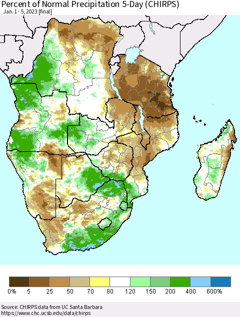 Southern Africa Percent of Normal Precipitation 5-Day (CHIRPS) Thematic Map For 1/1/2023 - 1/5/2023