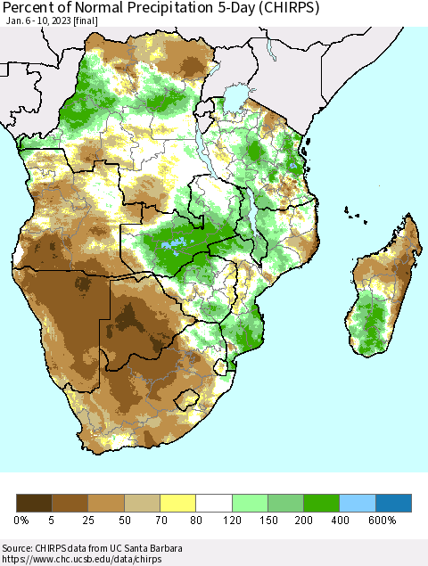 Southern Africa Percent of Normal Precipitation 5-Day (CHIRPS) Thematic Map For 1/6/2023 - 1/10/2023