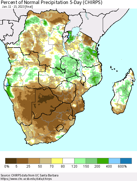 Southern Africa Percent of Normal Precipitation 5-Day (CHIRPS) Thematic Map For 1/11/2023 - 1/15/2023