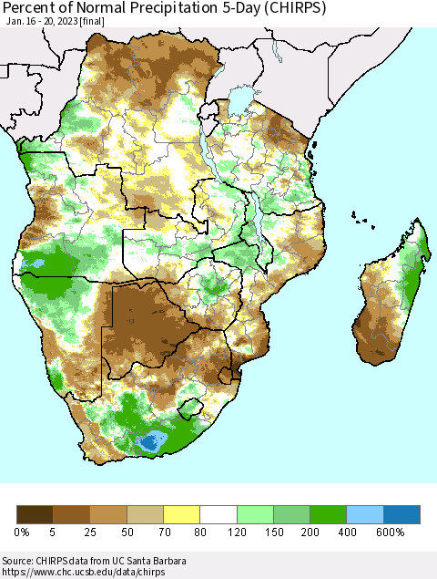 Southern Africa Percent of Normal Precipitation 5-Day (CHIRPS) Thematic Map For 1/16/2023 - 1/20/2023
