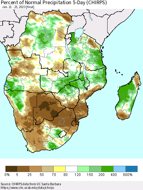 Southern Africa Percent of Normal Precipitation 5-Day (CHIRPS) Thematic Map For 1/21/2023 - 1/25/2023
