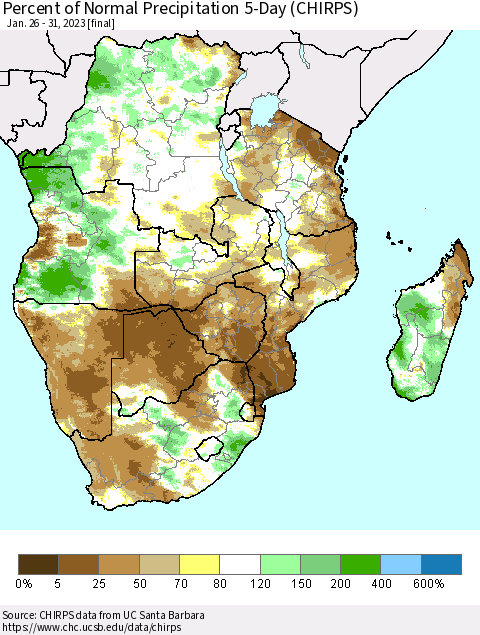 Southern Africa Percent of Normal Precipitation 5-Day (CHIRPS) Thematic Map For 1/26/2023 - 1/31/2023