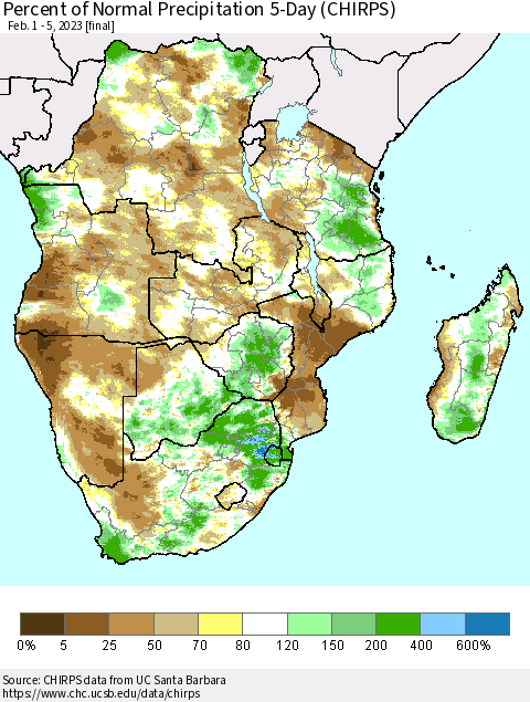 Southern Africa Percent of Normal Precipitation 5-Day (CHIRPS) Thematic Map For 2/1/2023 - 2/5/2023
