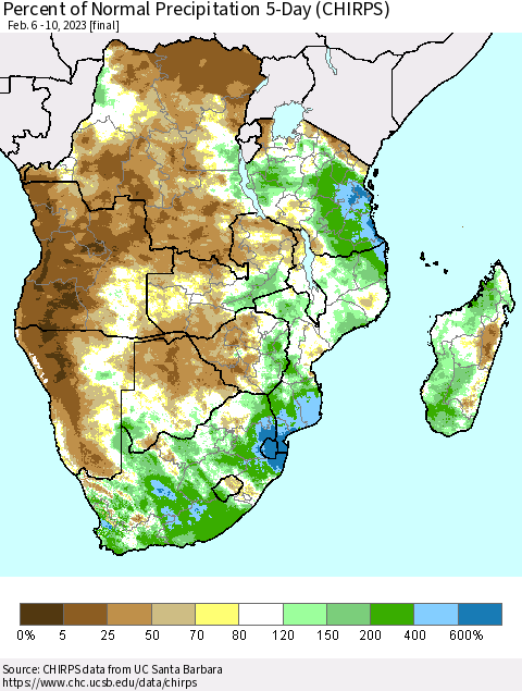 Southern Africa Percent of Normal Precipitation 5-Day (CHIRPS) Thematic Map For 2/6/2023 - 2/10/2023