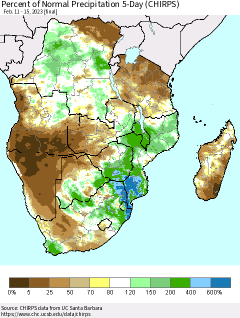 Southern Africa Percent of Normal Precipitation 5-Day (CHIRPS) Thematic Map For 2/11/2023 - 2/15/2023