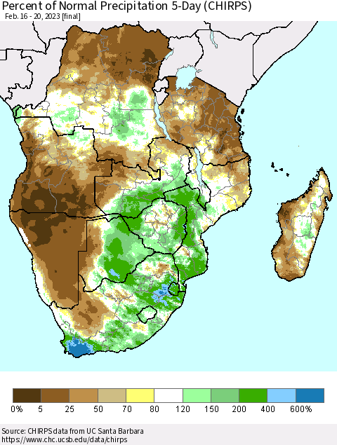 Southern Africa Percent of Normal Precipitation 5-Day (CHIRPS) Thematic Map For 2/16/2023 - 2/20/2023