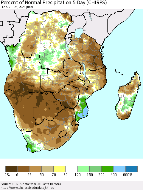 Southern Africa Percent of Normal Precipitation 5-Day (CHIRPS) Thematic Map For 2/21/2023 - 2/25/2023