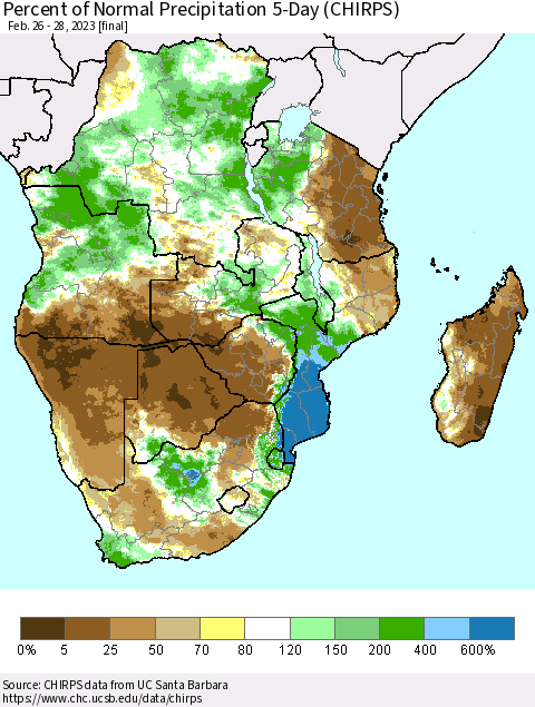 Southern Africa Percent of Normal Precipitation 5-Day (CHIRPS) Thematic Map For 2/26/2023 - 2/28/2023