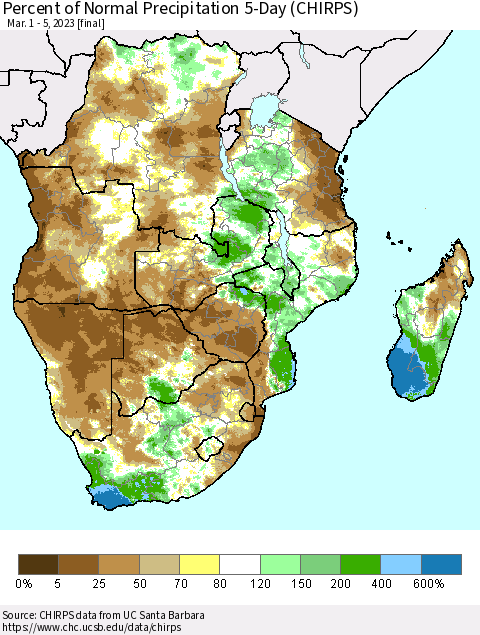 Southern Africa Percent of Normal Precipitation 5-Day (CHIRPS) Thematic Map For 3/1/2023 - 3/5/2023