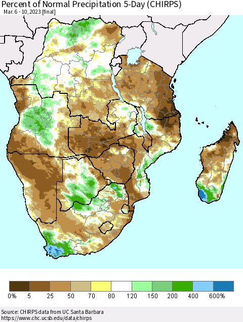 Southern Africa Percent of Normal Precipitation 5-Day (CHIRPS) Thematic Map For 3/6/2023 - 3/10/2023