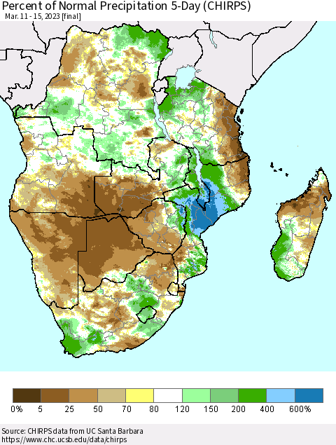 Southern Africa Percent of Normal Precipitation 5-Day (CHIRPS) Thematic Map For 3/11/2023 - 3/15/2023