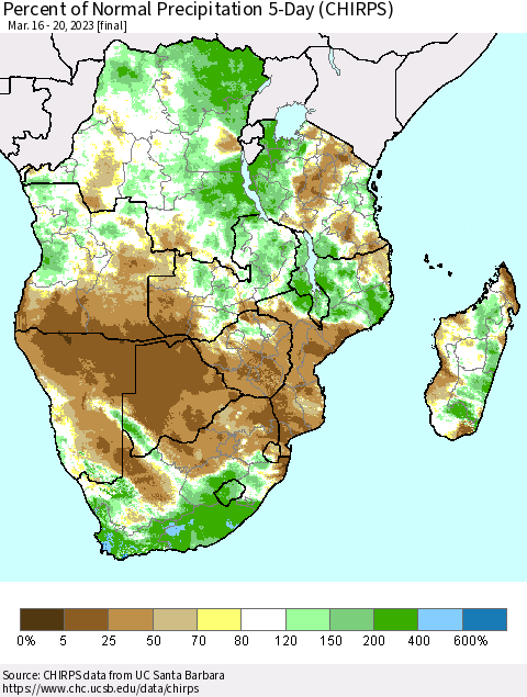 Southern Africa Percent of Normal Precipitation 5-Day (CHIRPS) Thematic Map For 3/16/2023 - 3/20/2023