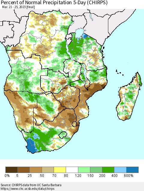 Southern Africa Percent of Normal Precipitation 5-Day (CHIRPS) Thematic Map For 3/21/2023 - 3/25/2023