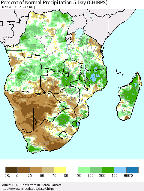 Southern Africa Percent of Normal Precipitation 5-Day (CHIRPS) Thematic Map For 3/26/2023 - 3/31/2023