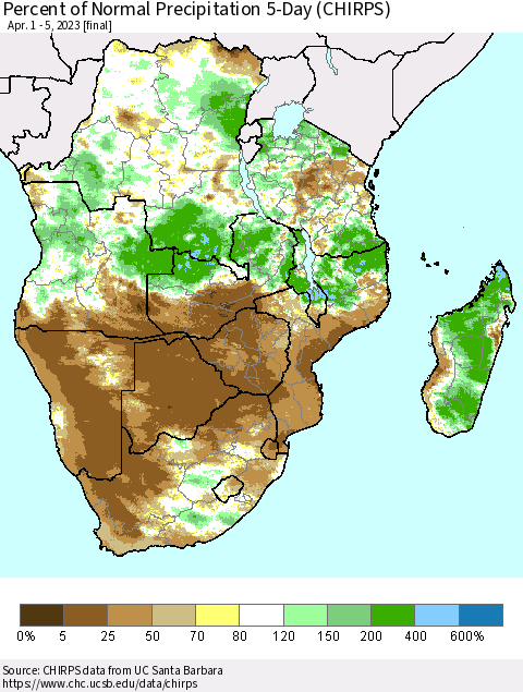 Southern Africa Percent of Normal Precipitation 5-Day (CHIRPS) Thematic Map For 4/1/2023 - 4/5/2023