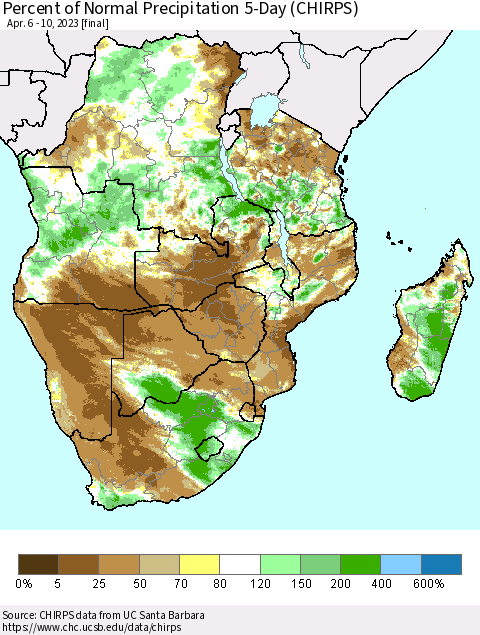 Southern Africa Percent of Normal Precipitation 5-Day (CHIRPS) Thematic Map For 4/6/2023 - 4/10/2023