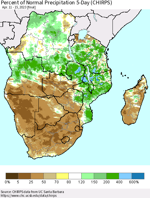 Southern Africa Percent of Normal Precipitation 5-Day (CHIRPS) Thematic Map For 4/11/2023 - 4/15/2023