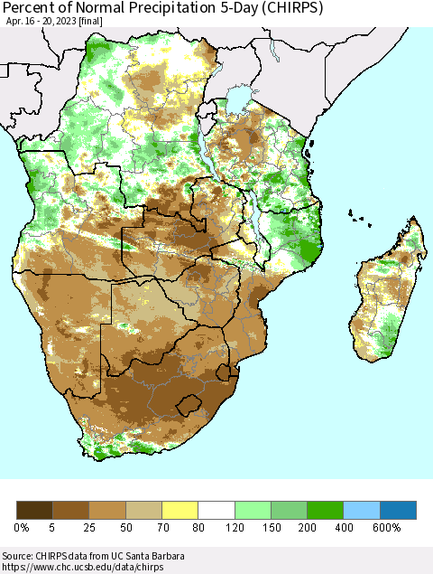 Southern Africa Percent of Normal Precipitation 5-Day (CHIRPS) Thematic Map For 4/16/2023 - 4/20/2023