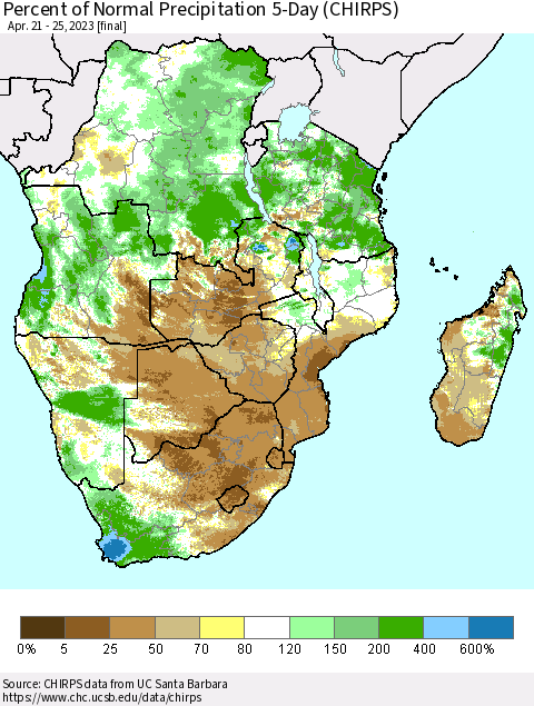 Southern Africa Percent of Normal Precipitation 5-Day (CHIRPS) Thematic Map For 4/21/2023 - 4/25/2023
