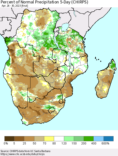 Southern Africa Percent of Normal Precipitation 5-Day (CHIRPS) Thematic Map For 4/26/2023 - 4/30/2023