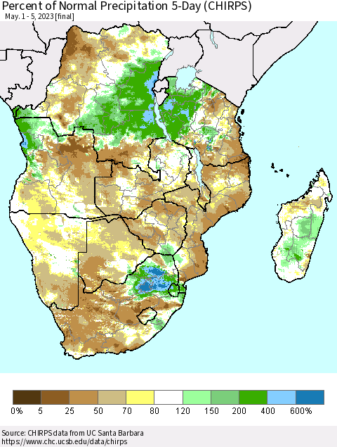 Southern Africa Percent of Normal Precipitation 5-Day (CHIRPS) Thematic Map For 5/1/2023 - 5/5/2023
