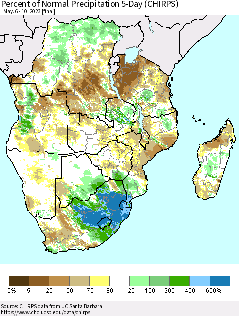 Southern Africa Percent of Normal Precipitation 5-Day (CHIRPS) Thematic Map For 5/6/2023 - 5/10/2023
