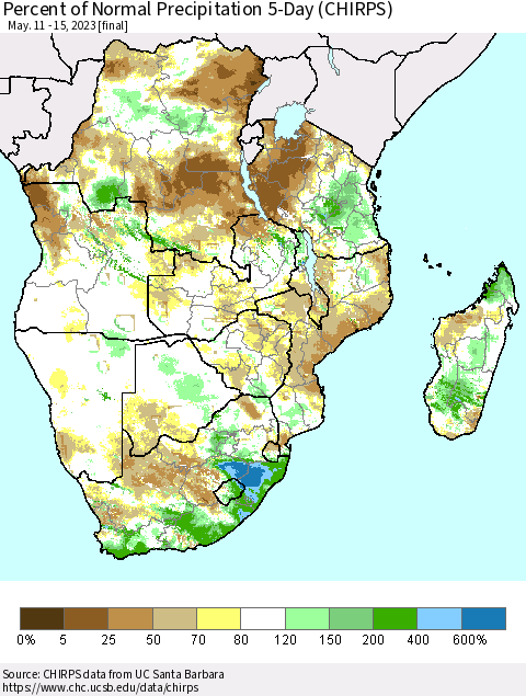 Southern Africa Percent of Normal Precipitation 5-Day (CHIRPS) Thematic Map For 5/11/2023 - 5/15/2023