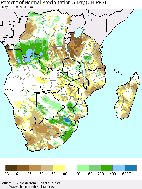 Southern Africa Percent of Normal Precipitation 5-Day (CHIRPS) Thematic Map For 5/16/2023 - 5/20/2023