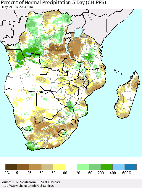 Southern Africa Percent of Normal Precipitation 5-Day (CHIRPS) Thematic Map For 5/21/2023 - 5/25/2023