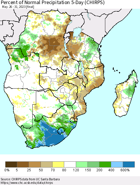 Southern Africa Percent of Normal Precipitation 5-Day (CHIRPS) Thematic Map For 5/26/2023 - 5/31/2023